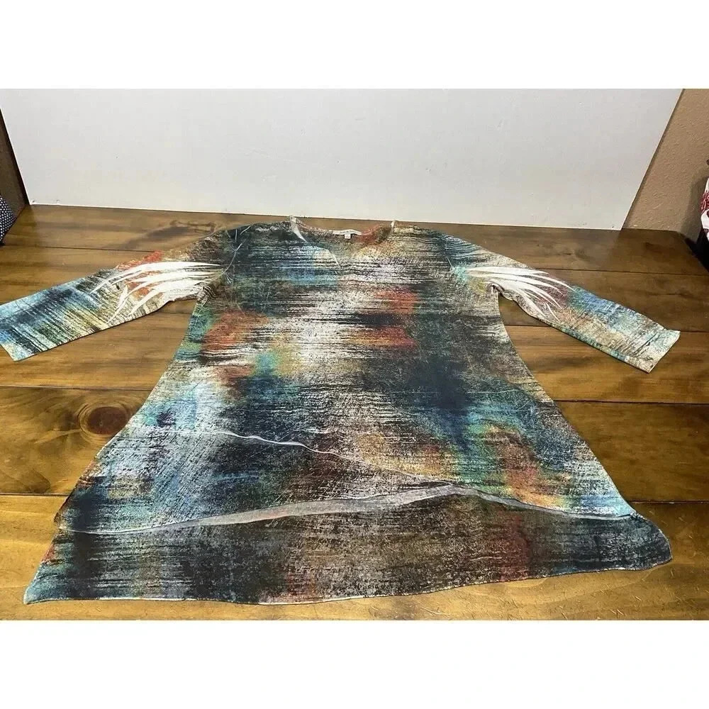 Jess and Jane Womens Large Watercolor Abstract Rhinestone Print Tunic Top